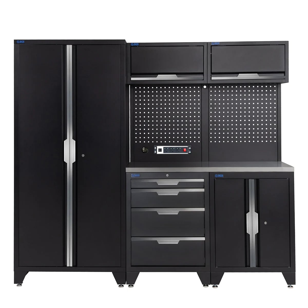SGS 7pc Garage Storage System | 4 Drawers | Stainless Steel Worktop | Floor Cabinet | 2x Upper Cabinets | Tall Double Cabinet | Pegboard with Power Strip